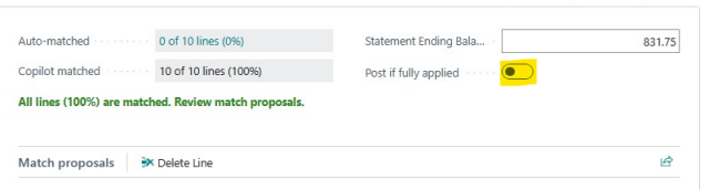 To post the fully matched reconciliation automatically when you save it, turn on the Post if fully applied switch.